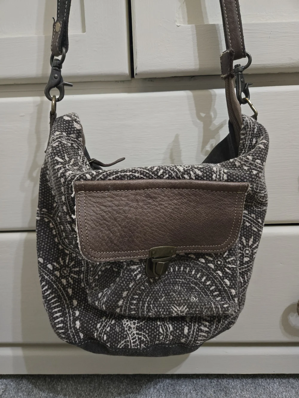 Myra Bag: Charcoal & Brown Patterned Canvas Crossbody Bag with Leather Flap